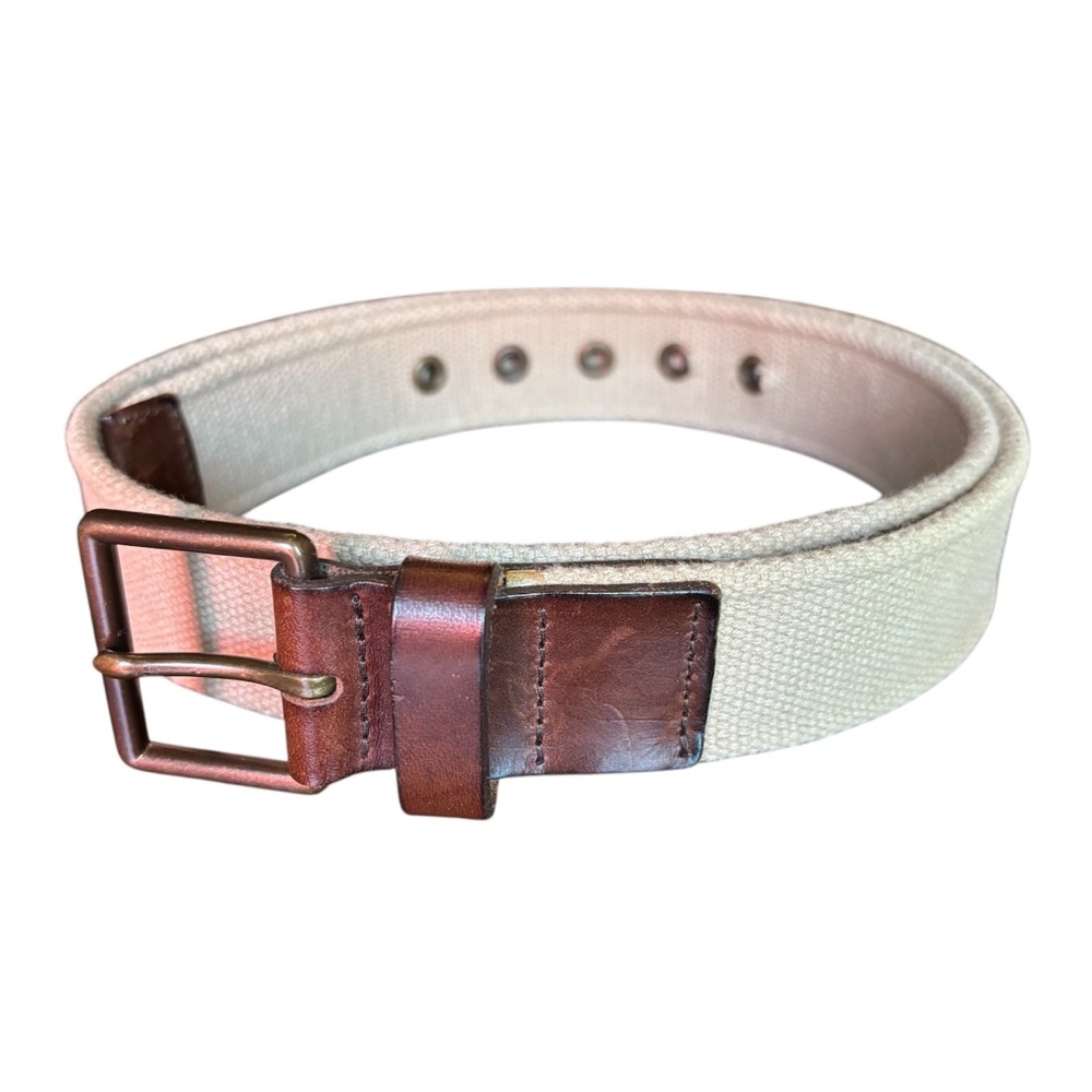 Eddie Bauer Belt Men’s 34 Cream Canvas Brown Leather Bronze Buckle Casual